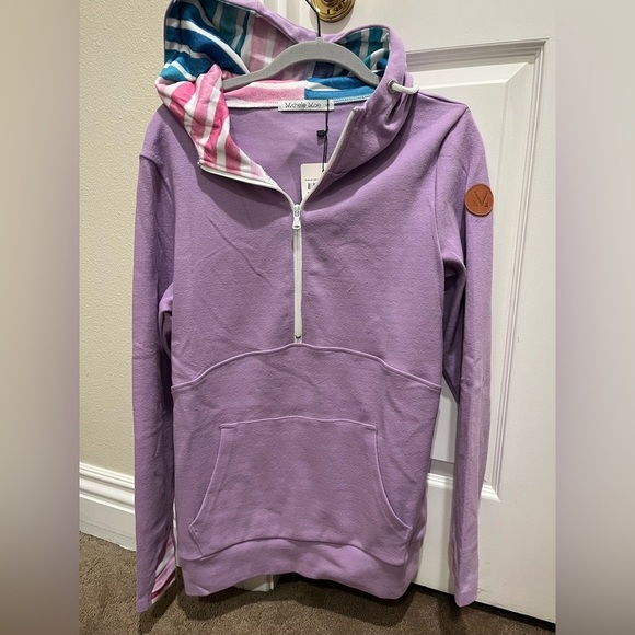 Michelle Mae Sweaters - Michelle Mae Lavender Half-Zip Hoodie with Pink Striped Hood